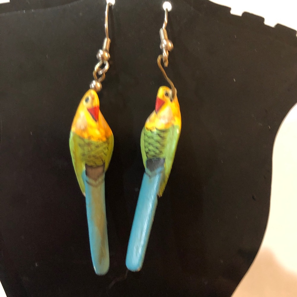 Vintage Hand-carved and Painted Wooden Parrot Hook Earrings
